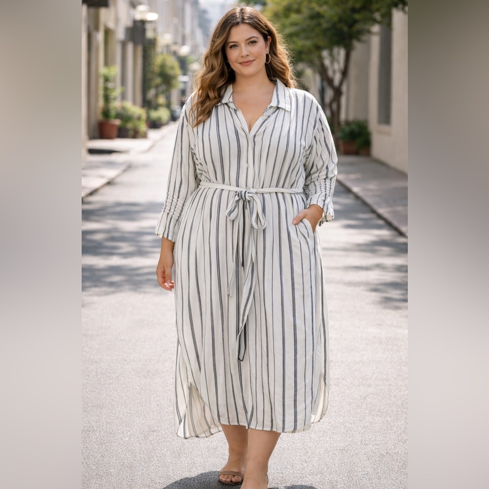 Halston H Women's XL White Striped
Belted Shirt Dress Midi $375